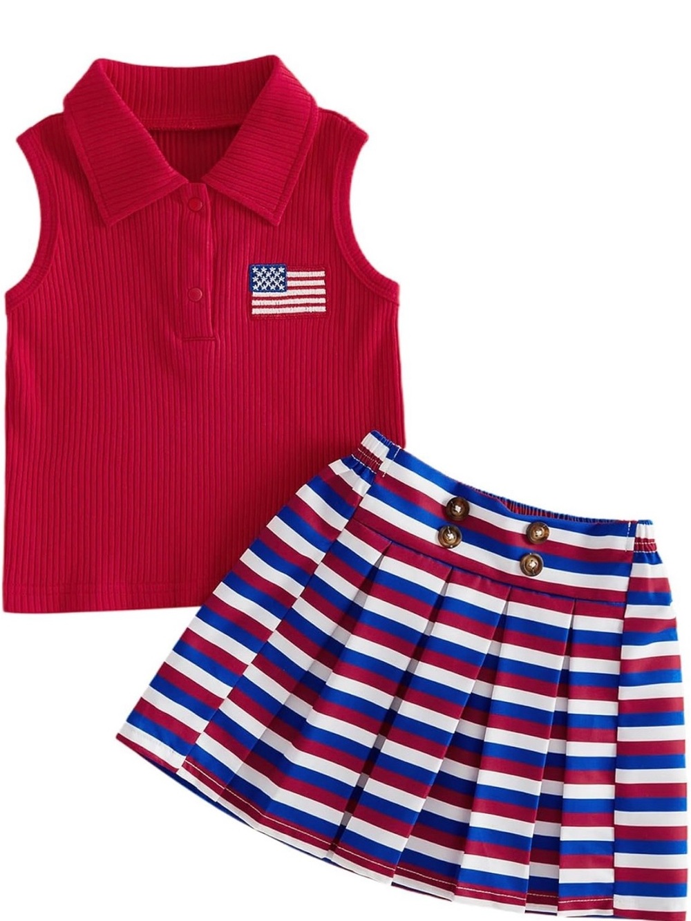 Amazon Girls Red Polo Tank & Red White Blue Striped Pleated Skirt Set